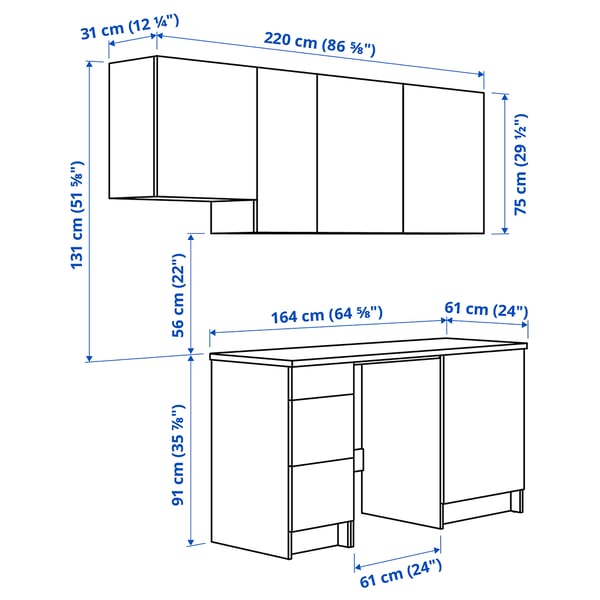 KNOXHULT Kitchen, white, 220x61x220 cm