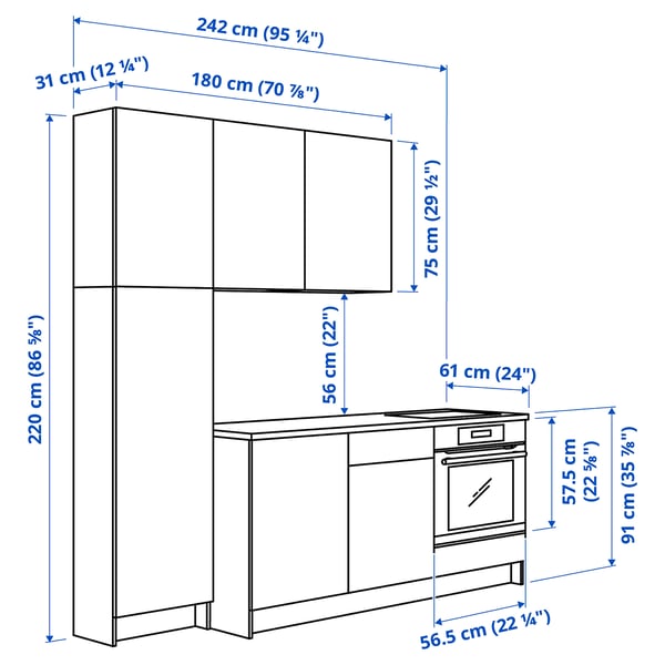 KNOXHULT Kitchen, white, 240x61x220 cm