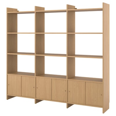 LÅDMAKARE Storage combination w sliding doors, with 9 shelves/oak effect, 238x35x212 cm