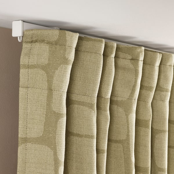 LÖNNSTÄVMAL Block-out curtains, 1 pair, light olive-green/with heading tape, 145x300 cm