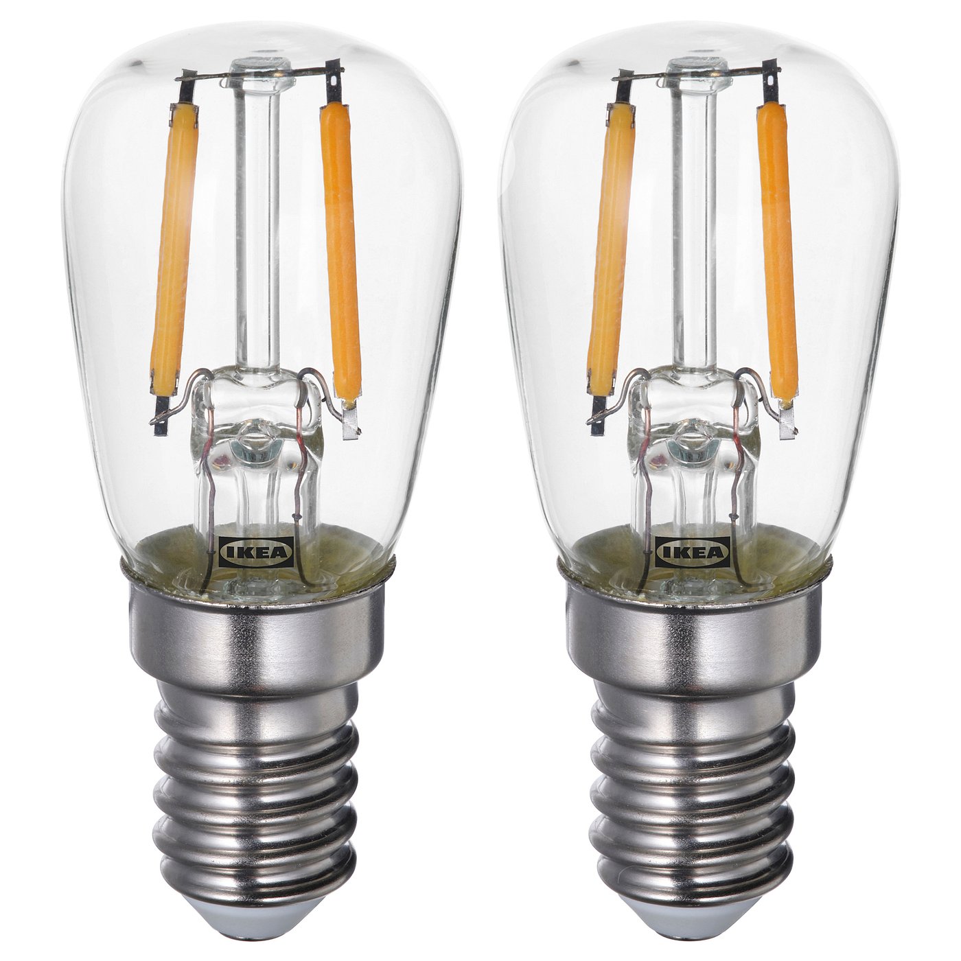 Two identical LUNNOM light bulbs by IKEA, clear glass with vintage filament design, standing side by side.