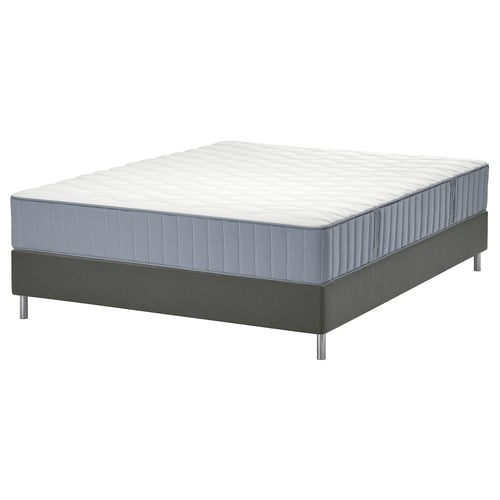 LYNGÖR bed: grey, rectangular, flat with quilted top, supported by dark grey base with metal legs.