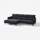 Dark grey fabric l-shaped sofa with wooden legs, high back, and comfort cushions.