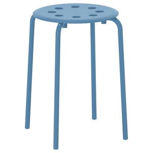 A blue MARIUS stool, round with holes, made of steel and plastic, suitable for stacking.
