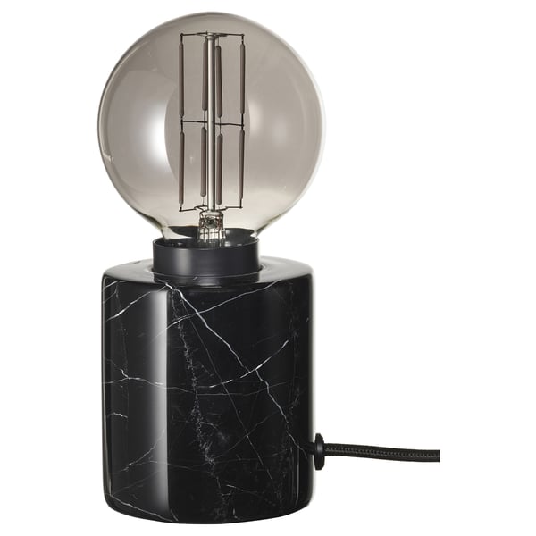 MARKFROST / MOLNART Table lamp with light bulb, marble black/globe grey clear glass