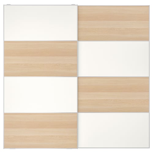 A light-colored, wooden-paneled sliding door wardrobe, featuring smooth surface finishes and sleek, modern lines.