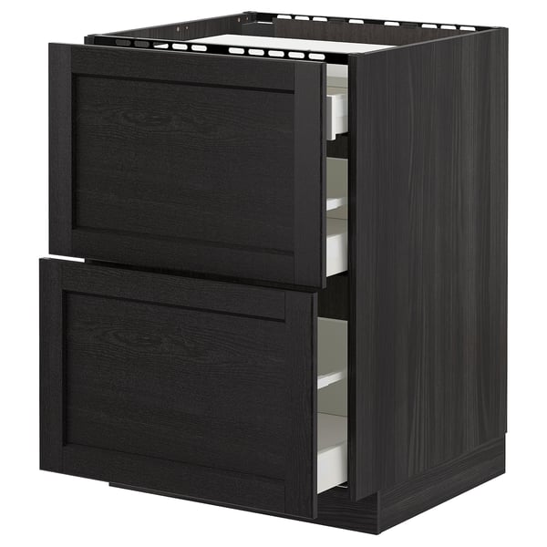 METOD Base cab f hob/2 fronts/3 drawers, black/Lerhyttan black stained, 60x60 cm