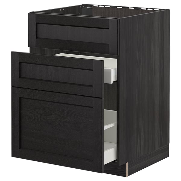 METOD Base cab f sink+3 fronts/2 drawers, black/Lerhyttan black stained, 60x60 cm