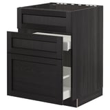 METOD Base cab f sink+3 fronts/2 drawers, black/Lerhyttan black stained, 60x60 cm