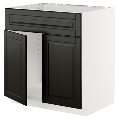 METOD Base cabinet f sink w 2 doors/front, white/Bodbyn black, 80x60 cm