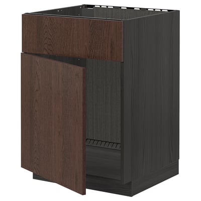 METOD Base cabinet f sink w door/front, black/Sinarp brown, 60x60 cm