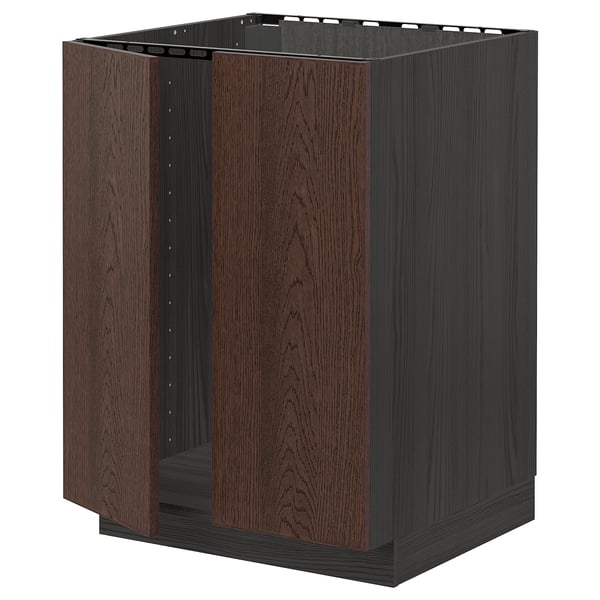 METOD Base cabinet for sink + 2 doors, black/Sinarp brown, 60x60 cm
