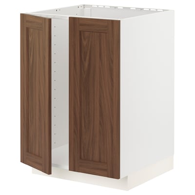 METOD Base cabinet for sink + 2 doors, white Enköping/brown walnut effect, 60x60 cm