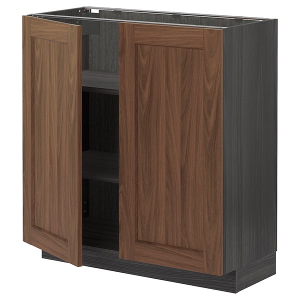 METOD Base cabinet with shelves/2 doors, black Enköping/brown walnut effect, 80x37 cm