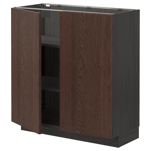 METOD Base cabinet with shelves/2 doors, black/Sinarp brown, 80x37 cm