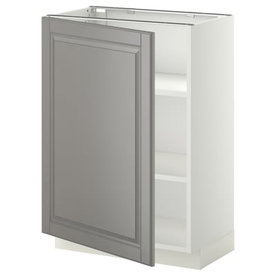 White and grey kitchen cabinet with single door, adjustable shelves, and bevelled edges.