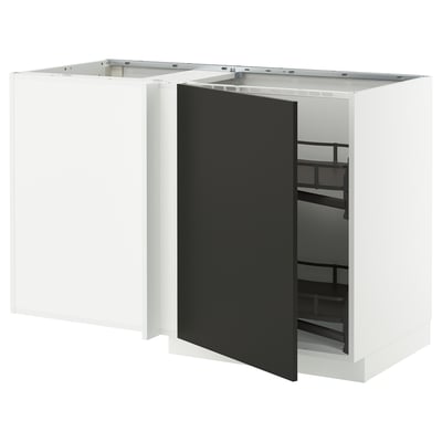 METOD Corner base cab w pull-out fitting, white/Nickebo matt anthracite, 128x68 cm