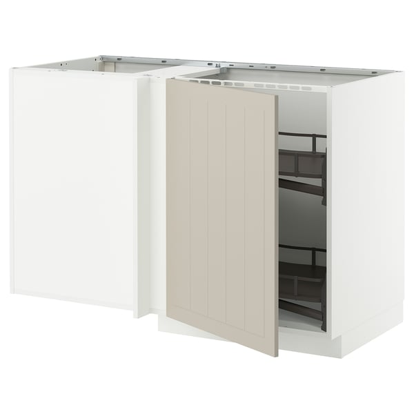 METOD Corner base cab w pull-out fitting, white/Stensund beige, 128x68 cm