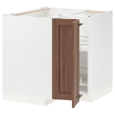 METOD Corner base cabinet with carousel, white Enköping/brown walnut effect, 88x88 cm