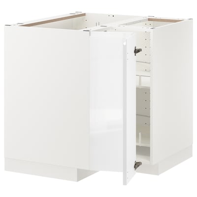 METOD Corner base cabinet with carousel, white/Voxtorp high-gloss/white, 88x88 cm