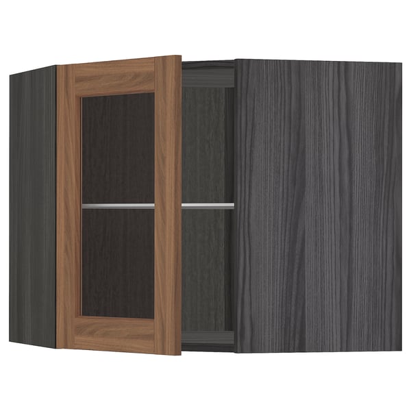 METOD Corner wall cab w shelves/glass dr, black Enköping/brown walnut effect, 68x60 cm
