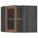 METOD Corner wall cab w shelves/glass dr, black Enköping/brown walnut effect, 68x60 cm