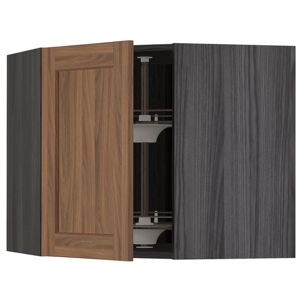 METOD Corner wall cabinet with carousel, black Enköping/brown walnut effect, 68x60 cm