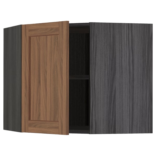 METOD Corner wall cabinet with shelves, black Enköping/brown walnut effect, 68x60 cm