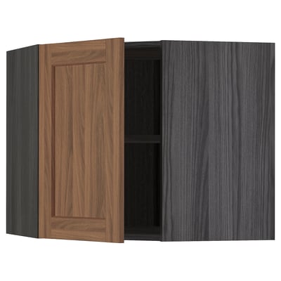 METOD Corner wall cabinet with shelves, black Enköping/brown walnut effect, 68x60 cm