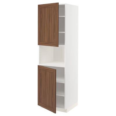 METOD High cab f micro w 2 doors/shelves, white Enköping/brown walnut effect, 60x60x200 cm