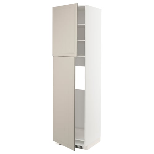 Beige METOD cabinet with adjustable shelves, door open