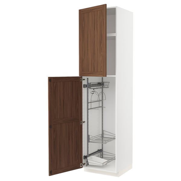 METOD High cabinet with cleaning interior, white Enköping/brown walnut effect, 60x60x240 cm