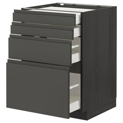 This is a dark gray ikea METOD kitchen unit with multiple drawers and a wood grain finish.