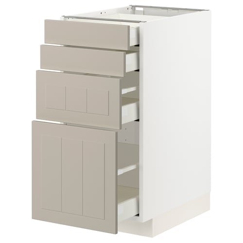 An ikea METOD kitchen unit in beige. It three drawers and two cabinets with a sleek, modern design.