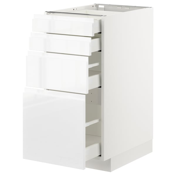 White high gloss kitchen cabinet with multiple drawers, sleek design, high-quality finish.