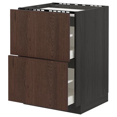 METOD / MAXIMERA Base cab f hob/2 fronts/2 drawers, black/Sinarp brown, 60x60 cm