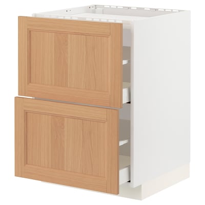 METOD / MAXIMERA Base cab f hob/2 fronts/2 drawers, white/Vedhamn oak, 60x60 cm