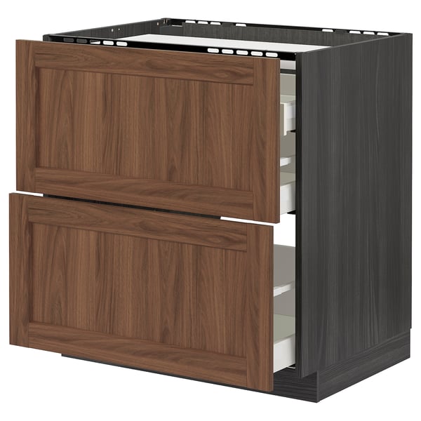METOD / MAXIMERA Base cab f hob/2 fronts/3 drawers, black Enköping/brown walnut effect, 80x60 cm