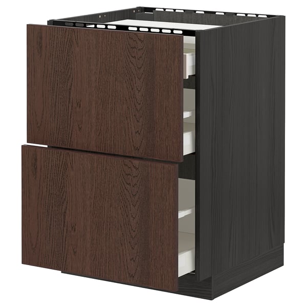 METOD / MAXIMERA Base cab f hob/2 fronts/3 drawers, black/Sinarp brown, 60x60 cm