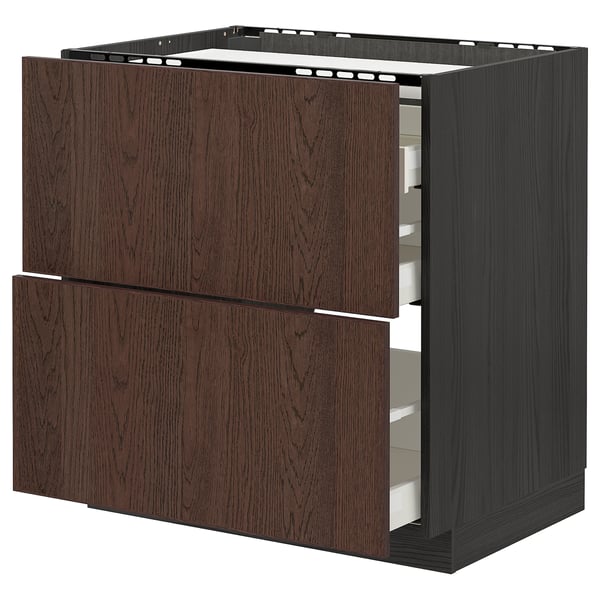 METOD / MAXIMERA Base cab f hob/2 fronts/3 drawers, black/Sinarp brown, 80x60 cm
