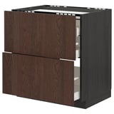 METOD / MAXIMERA Base cab f hob/2 fronts/3 drawers, black/Sinarp brown, 80x60 cm