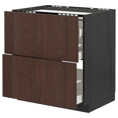 METOD / MAXIMERA Base cab f hob/2 fronts/3 drawers, black/Sinarp brown, 80x60 cm