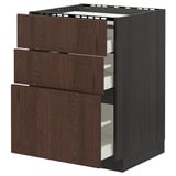 METOD / MAXIMERA Base cab f hob/3 fronts/3 drawers, black/Sinarp brown, 60x60 cm
