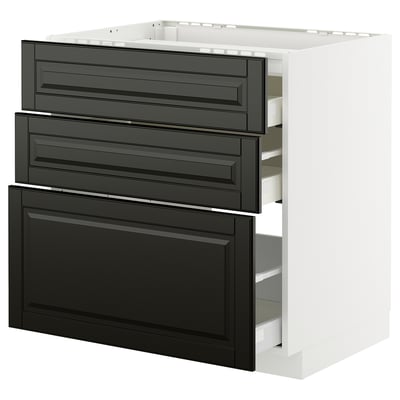 METOD / MAXIMERA Base cab f hob/3 fronts/3 drawers, white/Bodbyn black, 80x60 cm