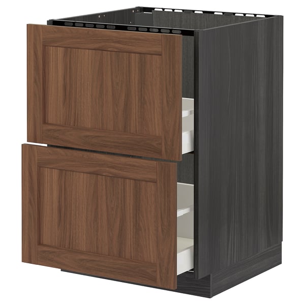 METOD / MAXIMERA Base cab f sink+2 fronts/2 drawers, black Enköping/brown walnut effect, 60x60 cm