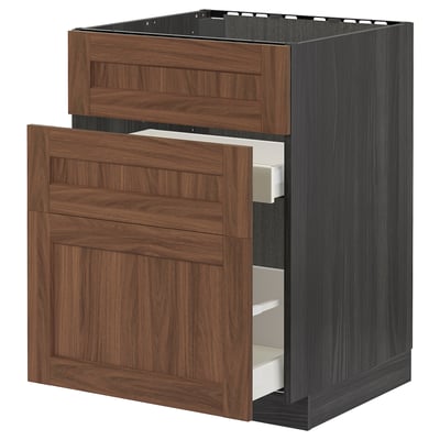 METOD / MAXIMERA Base cab f sink+3 fronts/2 drawers, black Enköping/brown walnut effect, 60x60 cm