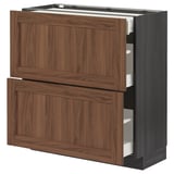 METOD / MAXIMERA Base cab with 2 fronts/3 drawers, black Enköping/brown walnut effect, 80x37 cm