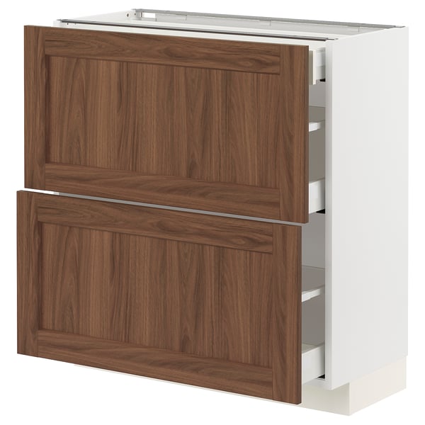 METOD / MAXIMERA Base cab with 2 fronts/3 drawers, white Enköping/brown walnut effect, 80x37 cm