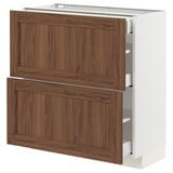 METOD / MAXIMERA Base cab with 2 fronts/3 drawers, white Enköping/brown walnut effect, 80x37 cm