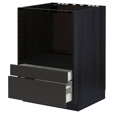 Black METOD kitchen unit with two open drawers, sleek modern design.